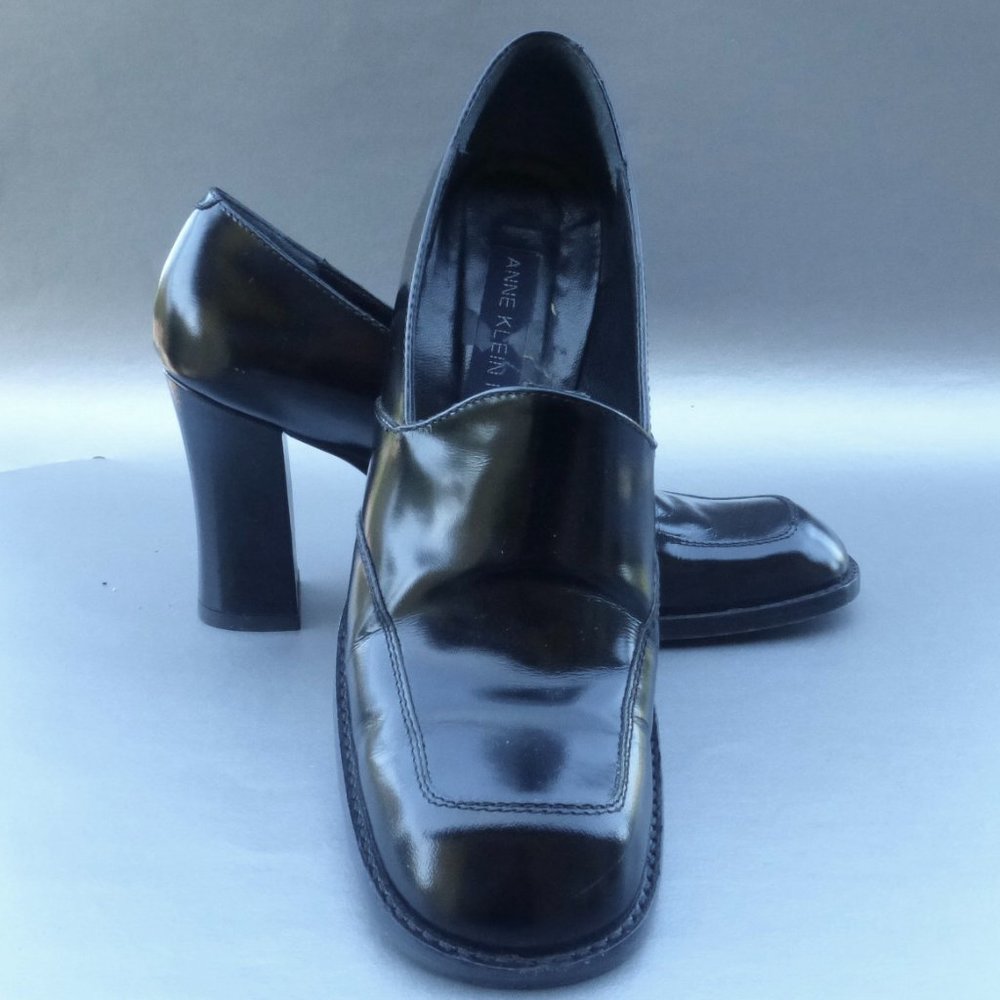 Semi Patent Black Leather Block Heels Pump Shoes Chunky Heel Size 7.5 Narrow